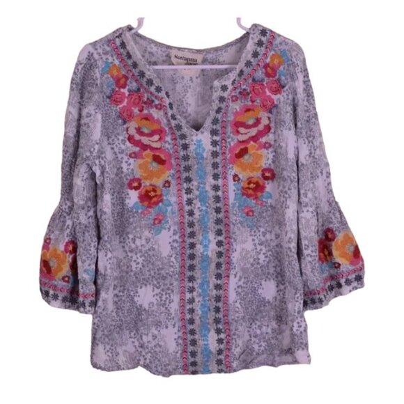Savanna Jane Tops - Savanna Jane Boho Floral Embroidered Bell Sleeve Top Bohemian Coastal - Size L